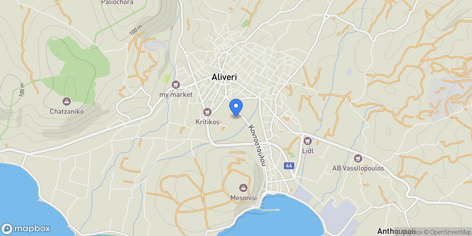 Map showing Kymi - Aliveri Anna, Thessaly and Central Greece, Greece.
