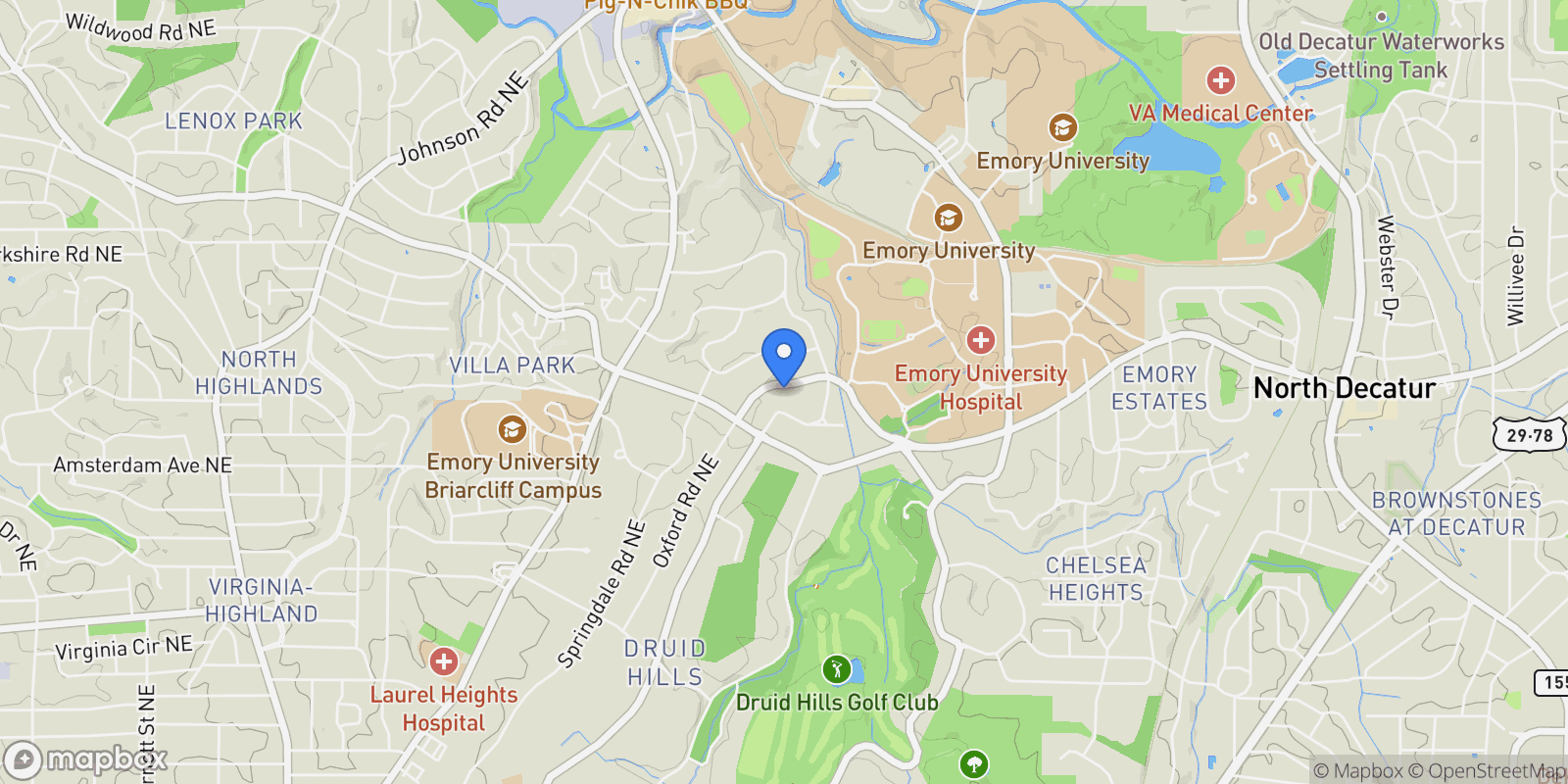 Map showing 1285 Oxford Road NE, Atlanta, GA 30306, Atlanta, Georgia, United States.