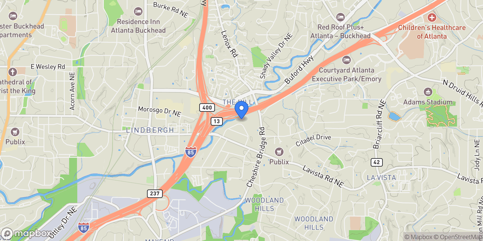 Map showing 1040 Lindridge Drive NE, Atlanta, GA 30324, Atlanta, Georgia, United States.