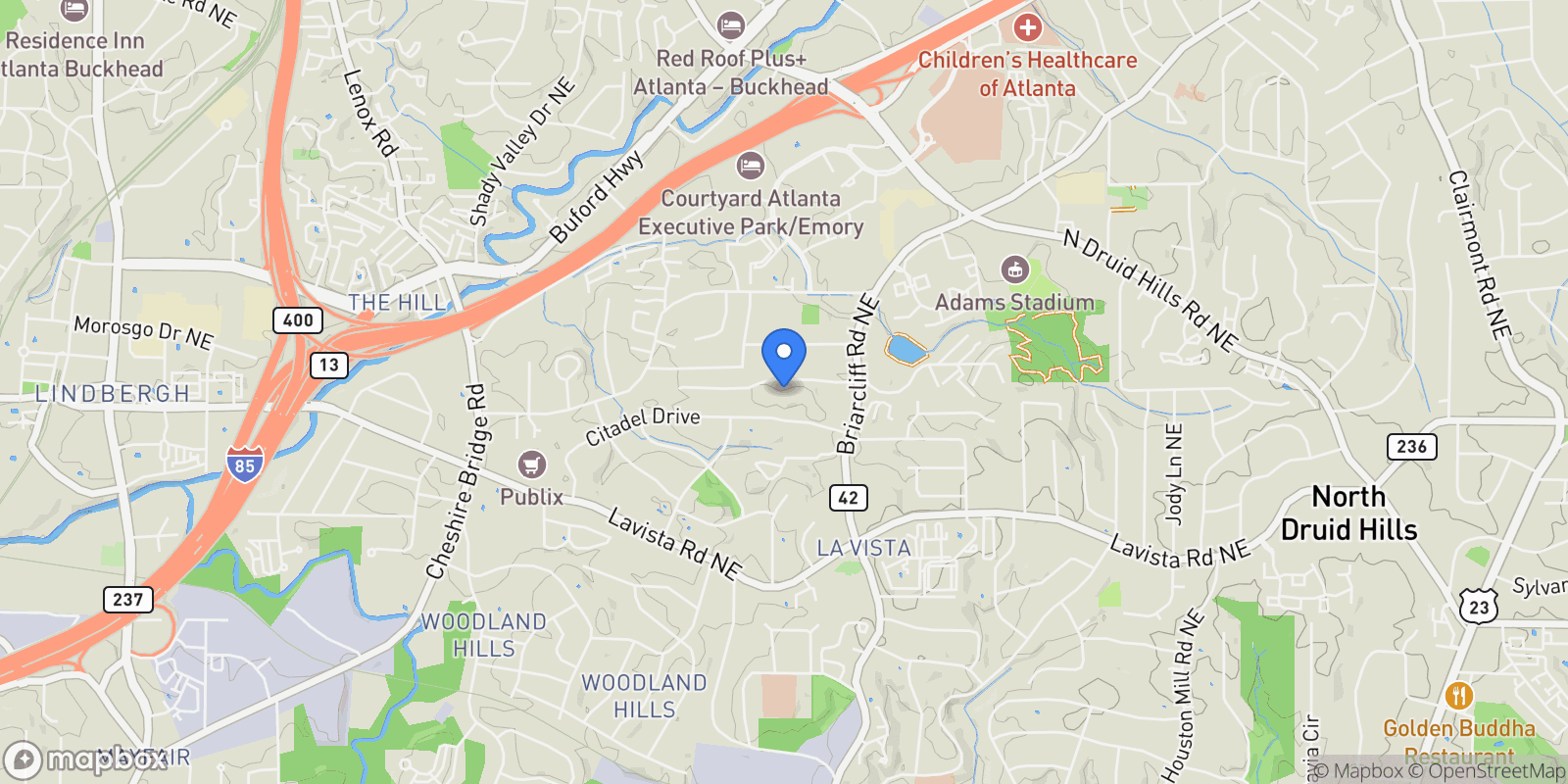 Map showing 1263 Hopkins Terrace NE, Atlanta, GA 30324, Atlanta, Georgia, United States.