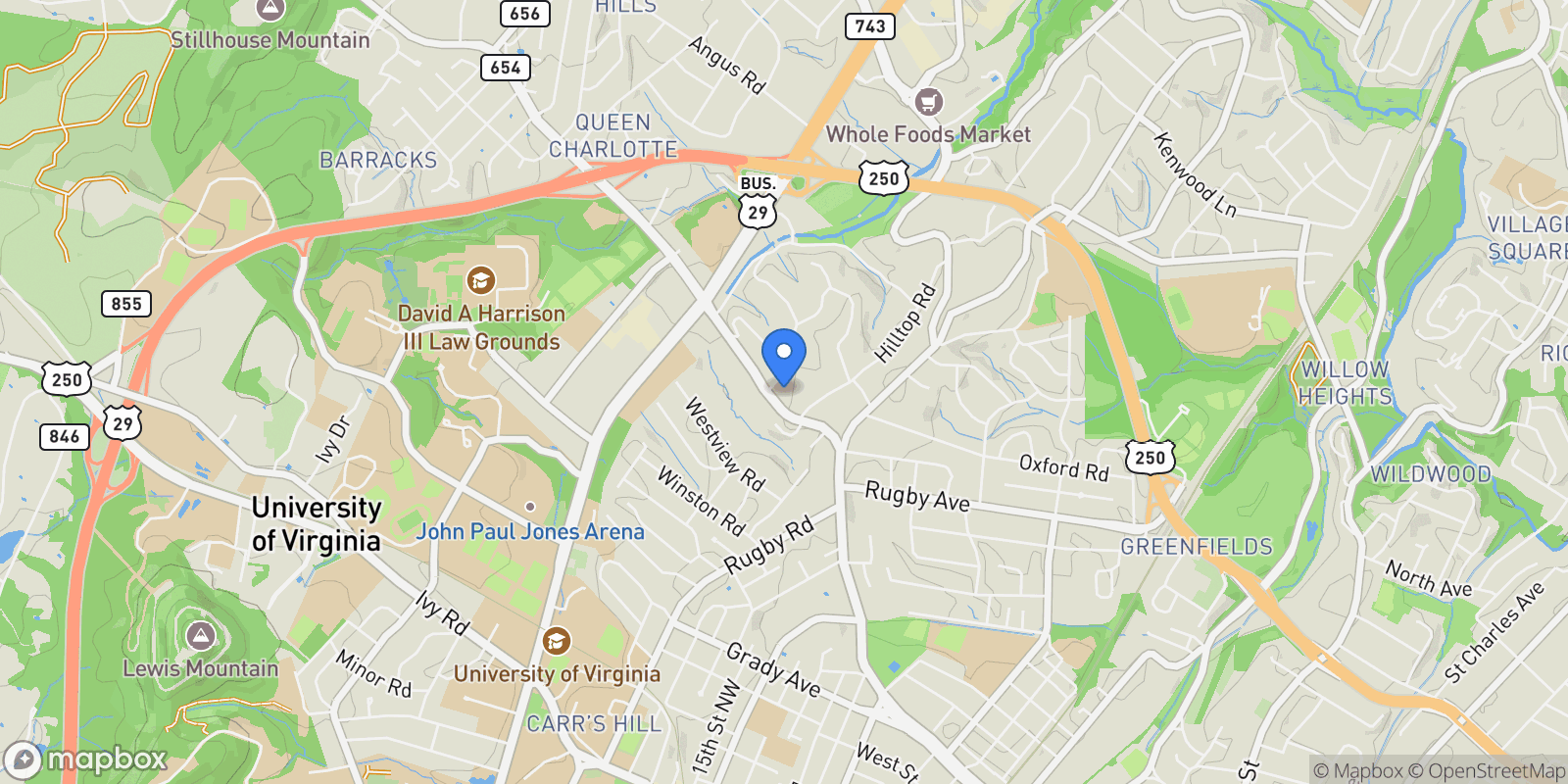 Map showing 1204 Blue Ridge Rd, Charlottesville, VA 22903, Charlottesville, Virginia, United States.