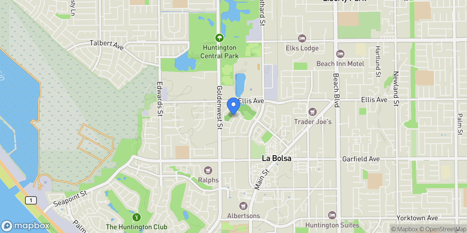 Map showing 18665 Ambrose, CA, Huntington Beach, California, United States.