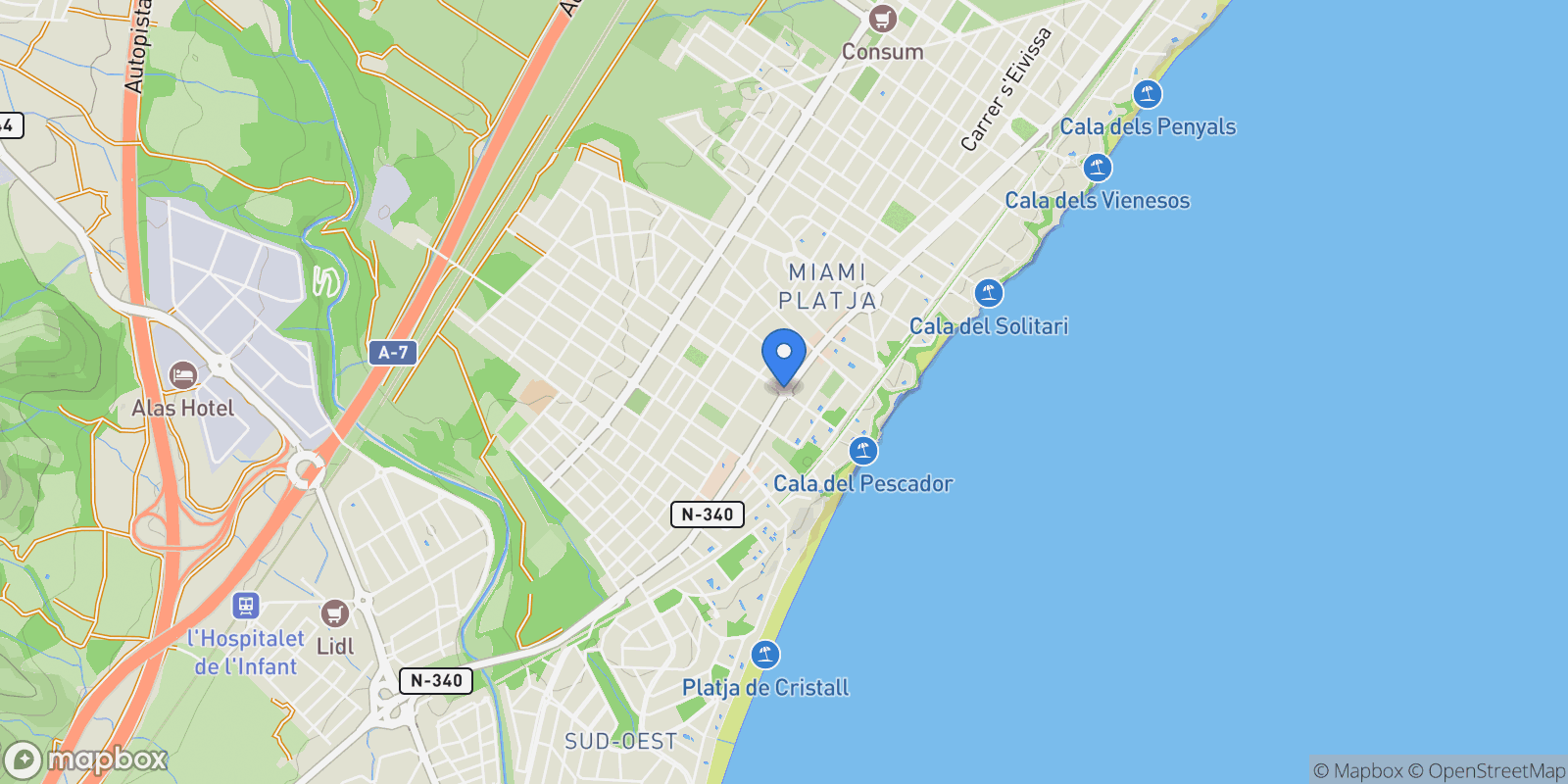 Map showing 43892 Miami Platja, Tarragona, Spain, Miami Platja, Mont-roig del Camp, Catalonia.