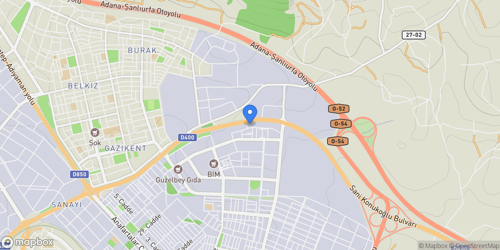 Map showing Sanayi Mahallesi, Åžehitkamil, Gaziantep, Gaziantep, Gaziantep, Turkey.
