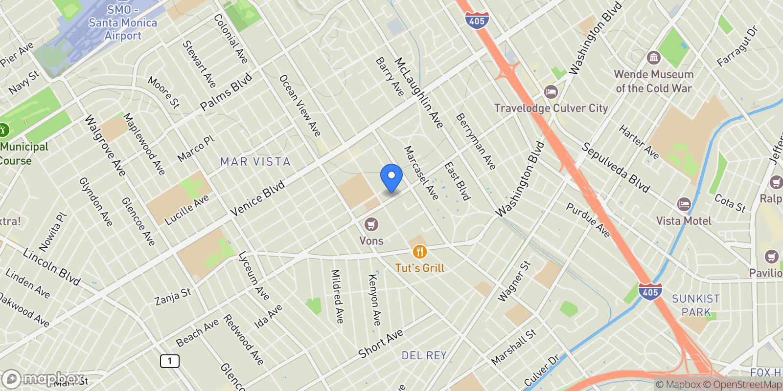 Map showing 12111 Washington Place, Los Angeles, California, United States.