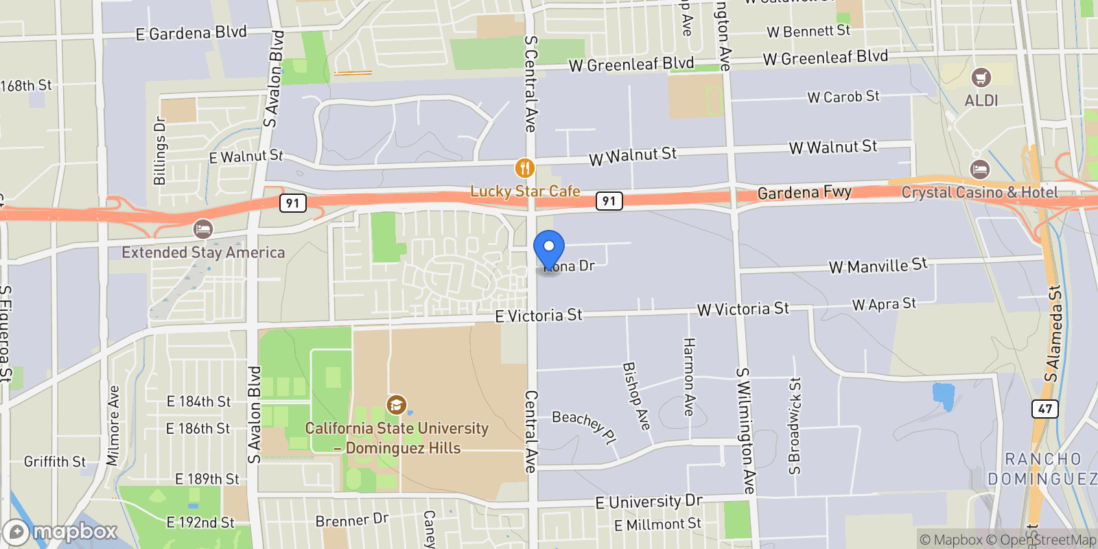 Map showing 1341 Reliance, Compton, California, United States.