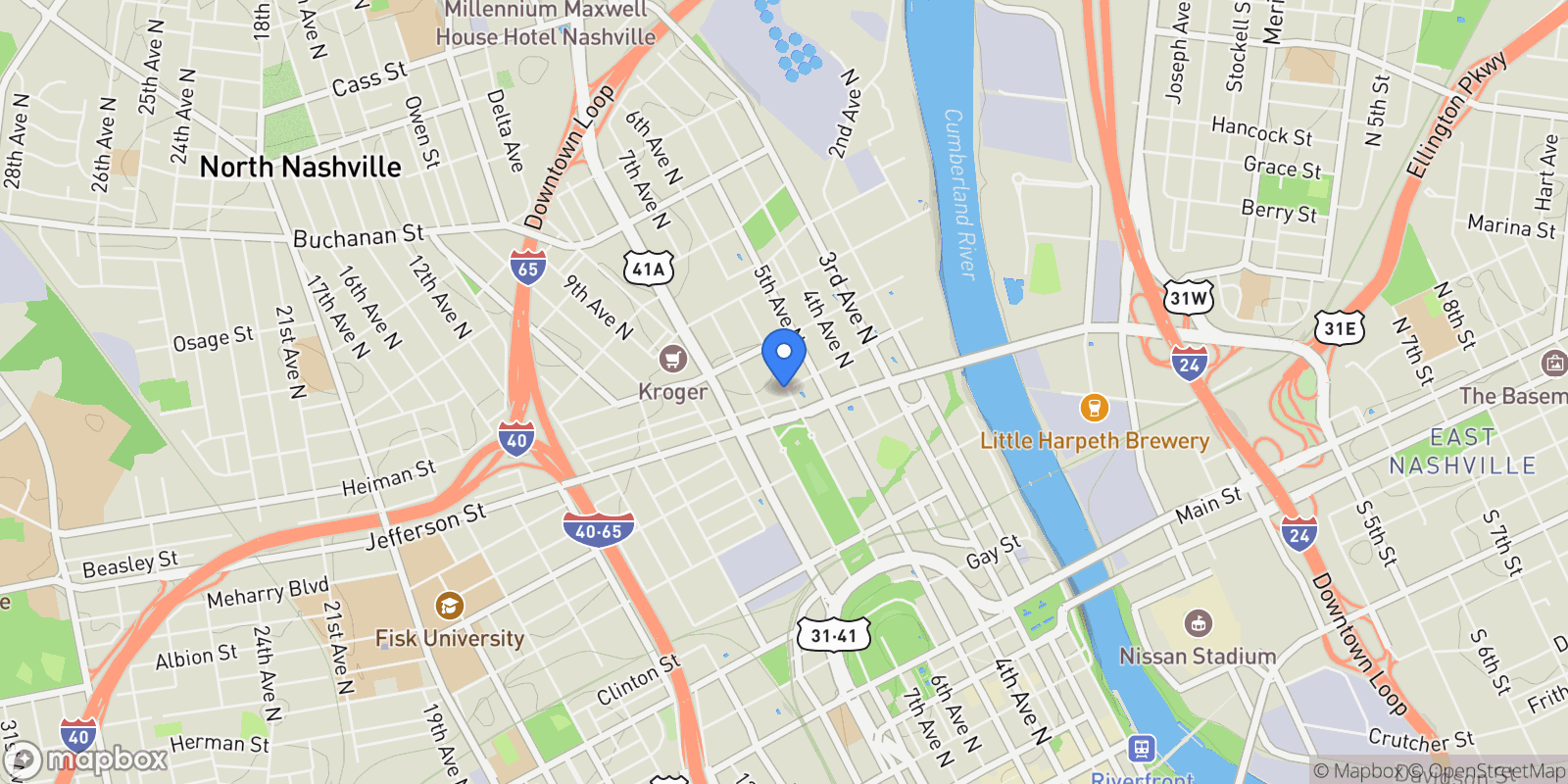 Map showing 1203 6th Ave N, Nashville, Tennessee, United States.