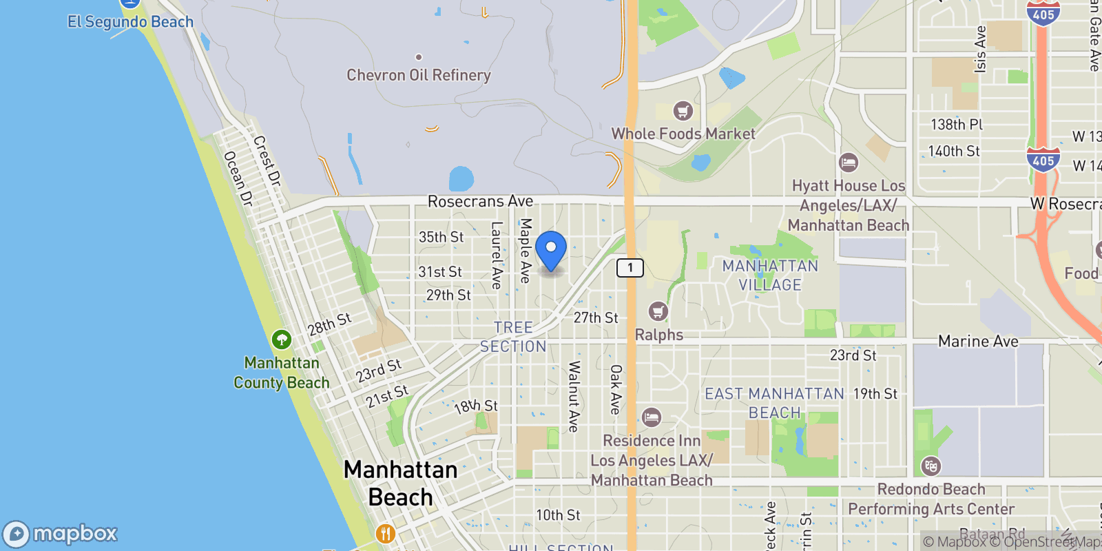 Map showing 3013 Poinsettia, Manhattan Beach, California, United States.