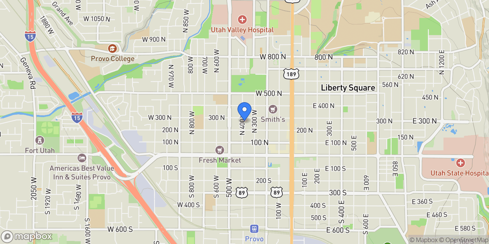 Map showing 270 N 400 W, Provo, Utah, United States.