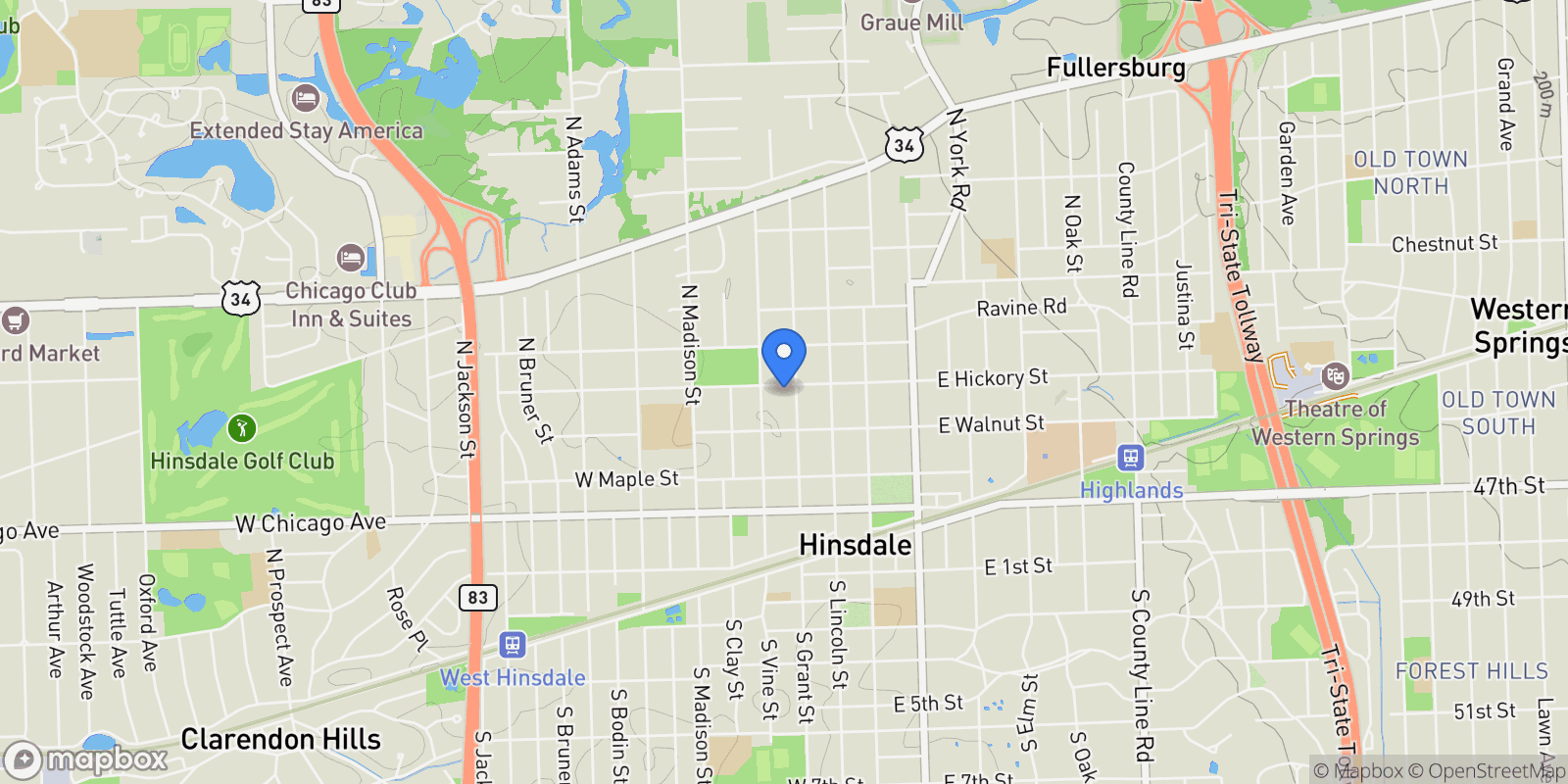 Map showing 210 W Hickory Street , Hinsdale, IL 60521, Hinsdale, Illinois, United States.