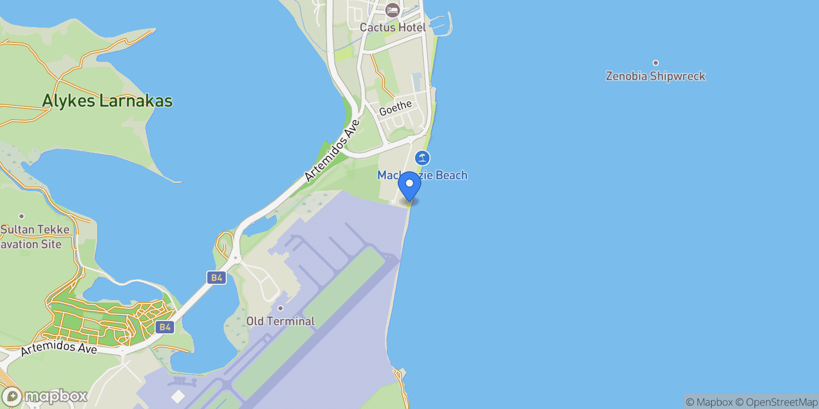 Map showing Mackenzie Beach, 6028, Cyprus, Mackenzie Beach, Larnaca, Cyprus.