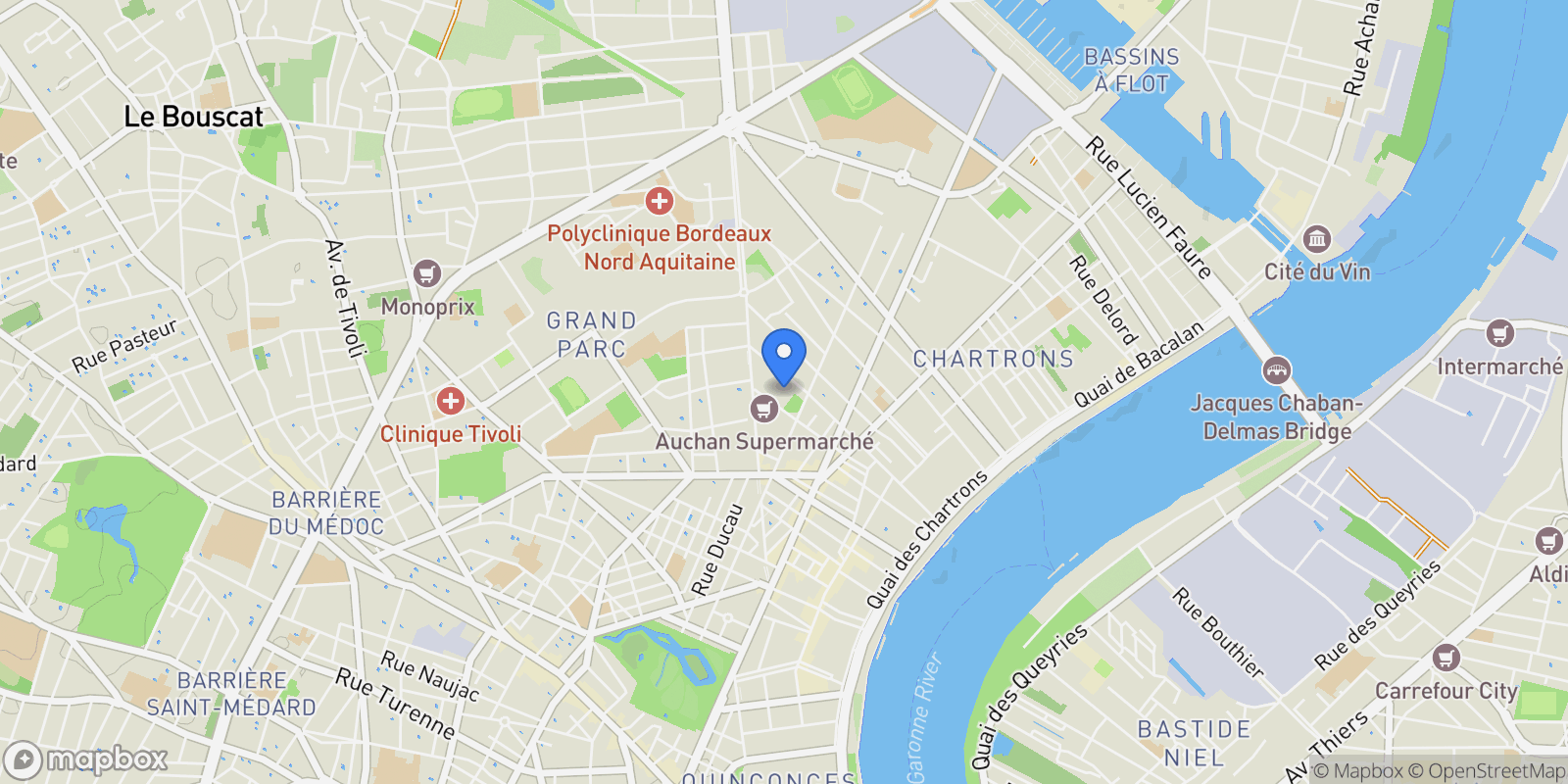 Map showing Bordeaux, Nouvelle-Aquitaine, France.
