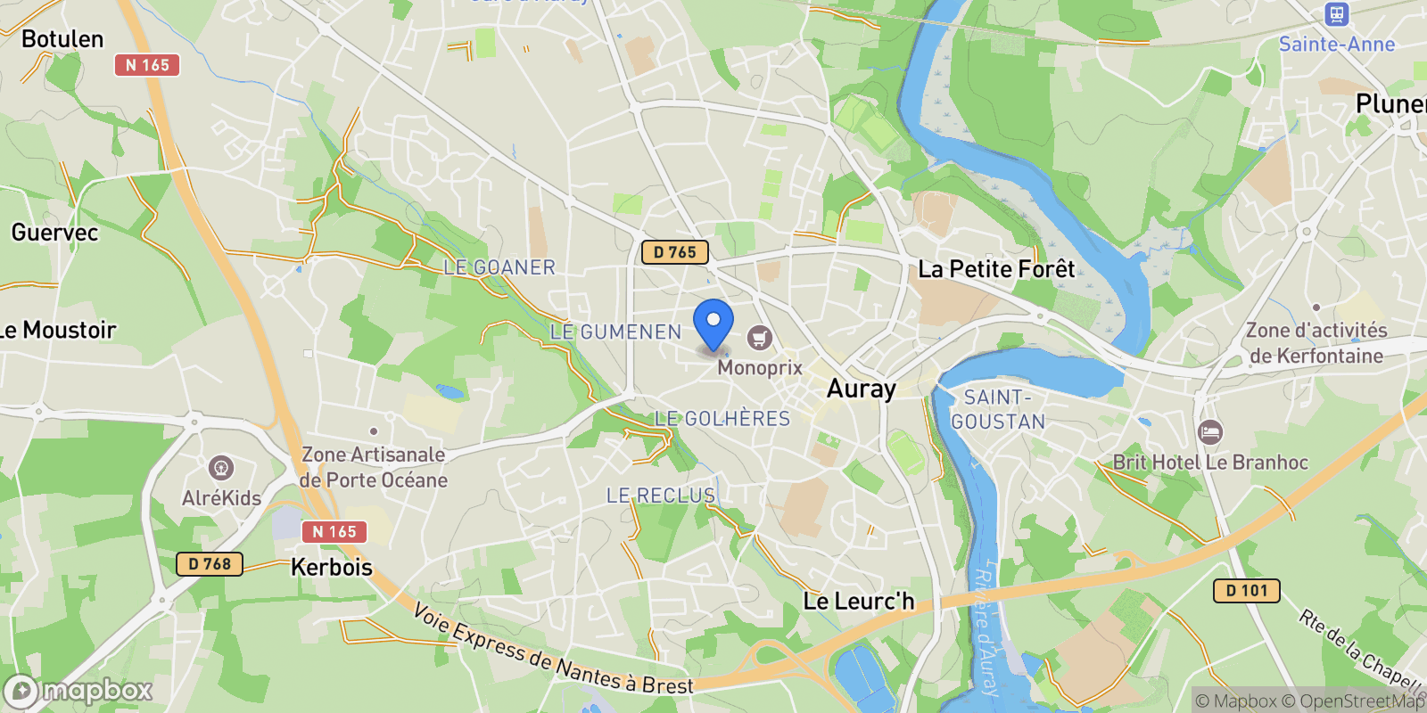 Map showing Auray, Brittany, France.