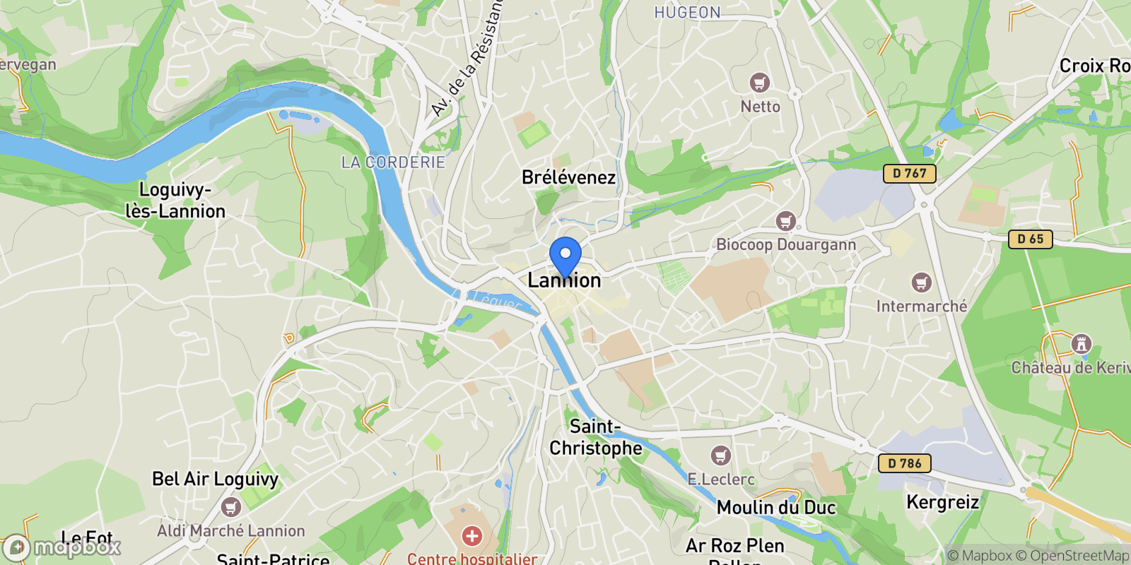 Map showing Lannion, Brittany, France.