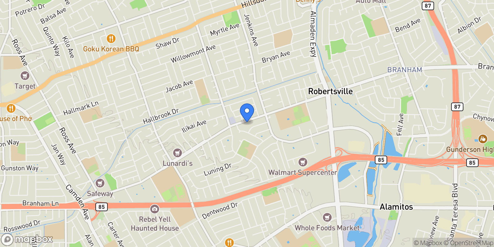 Map showing 1372 Branham Lane Unit 1 , San Jose, CA 95118, San Jose, California, United States.