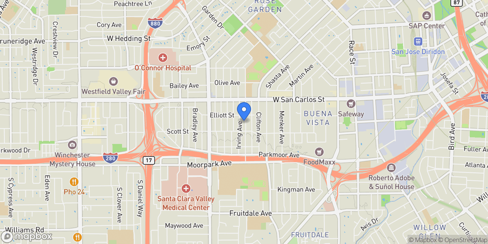 Map showing 439 Leland Avenue , San Jose, CA 95128, San Jose, California, United States.