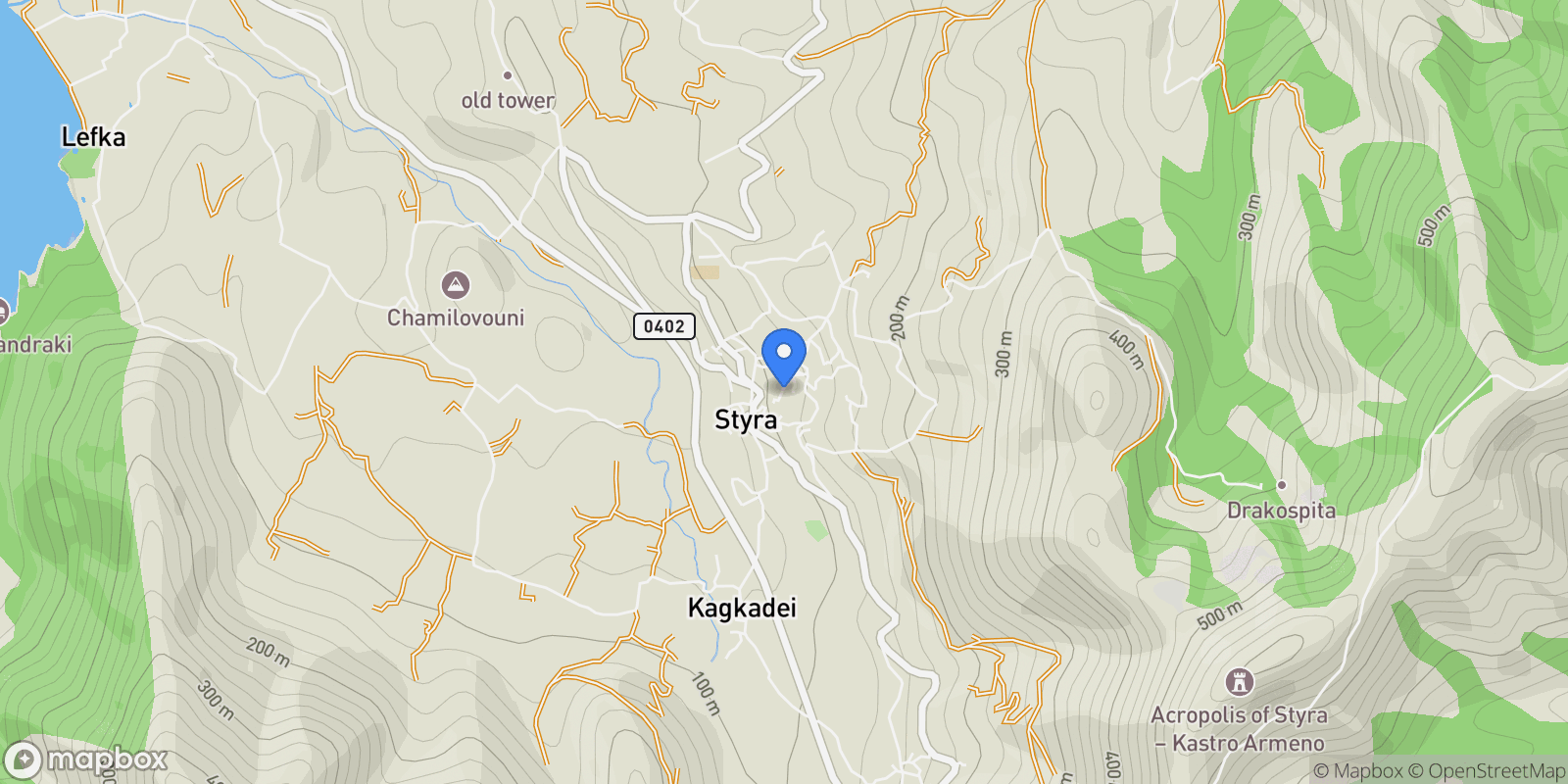 Map showing Styra 340 15, Greece, Styra Municipal Unit, Thessaly and Central Greece, Greece.