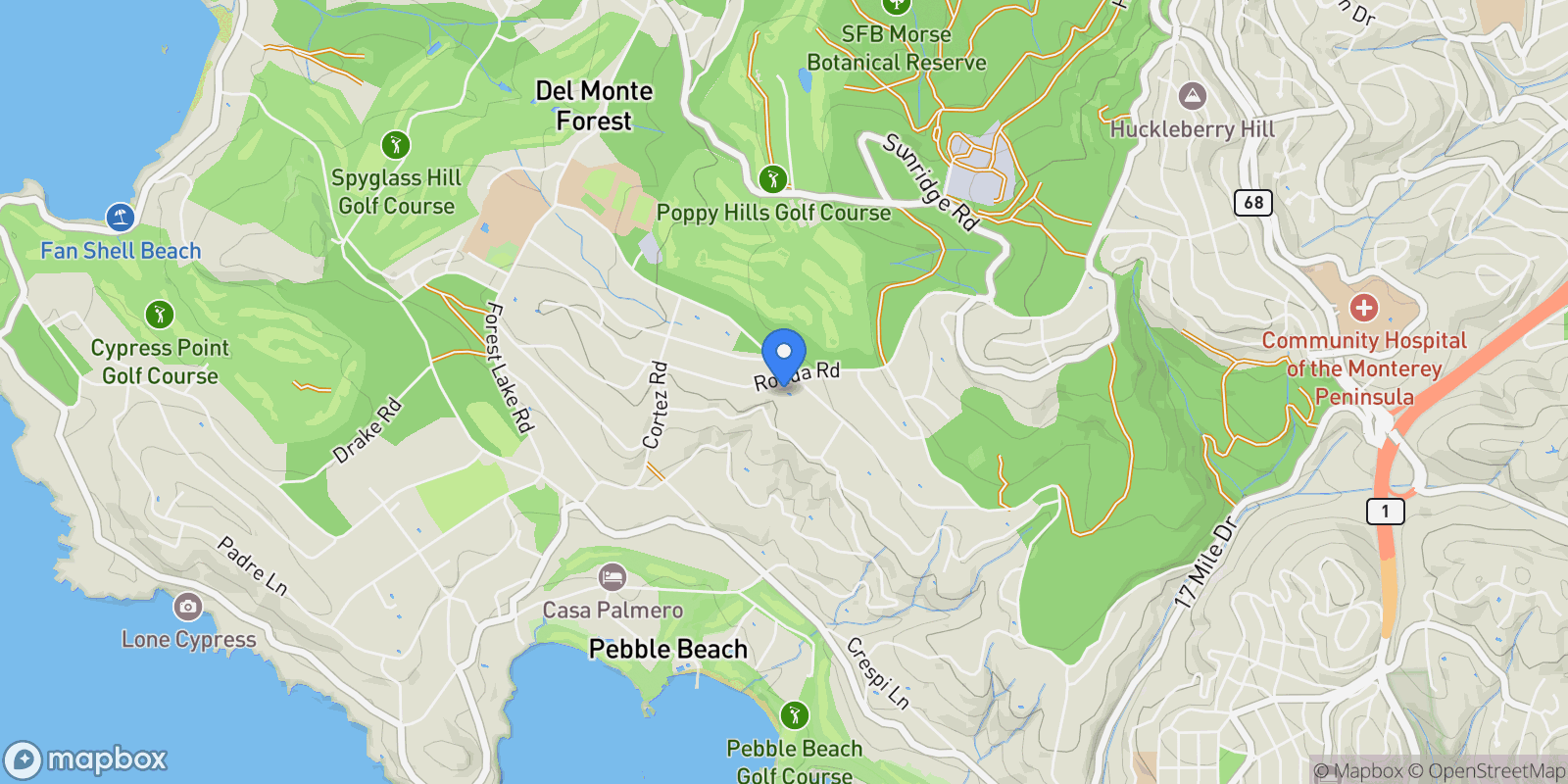 Map showing 1500 Viscaino Road, Pebble Beach, CA 93953, Del Monte Forest, California, United States.