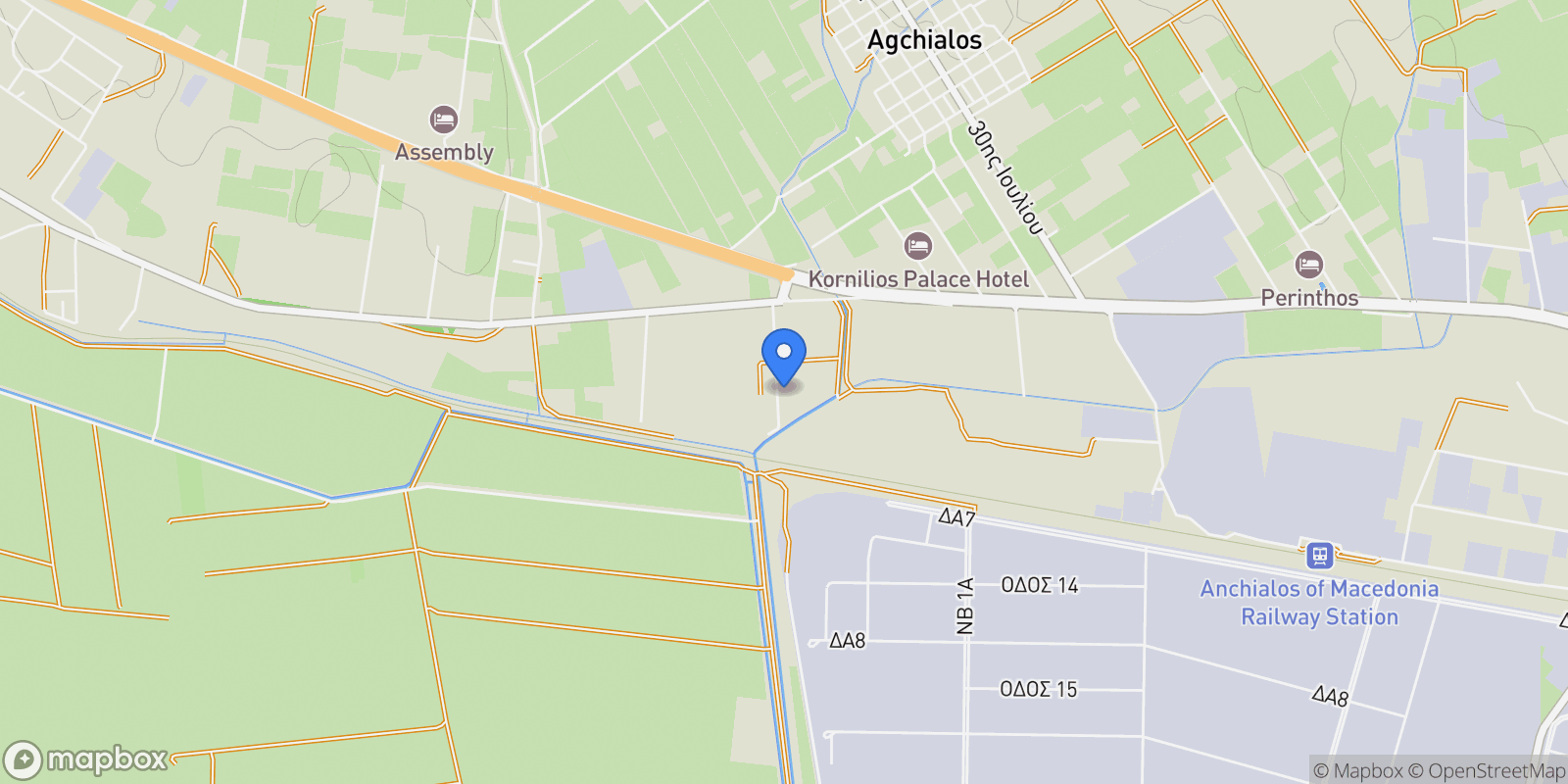 Map showing Anchialos Municipal Commune, Agios Athanasios, Greece.