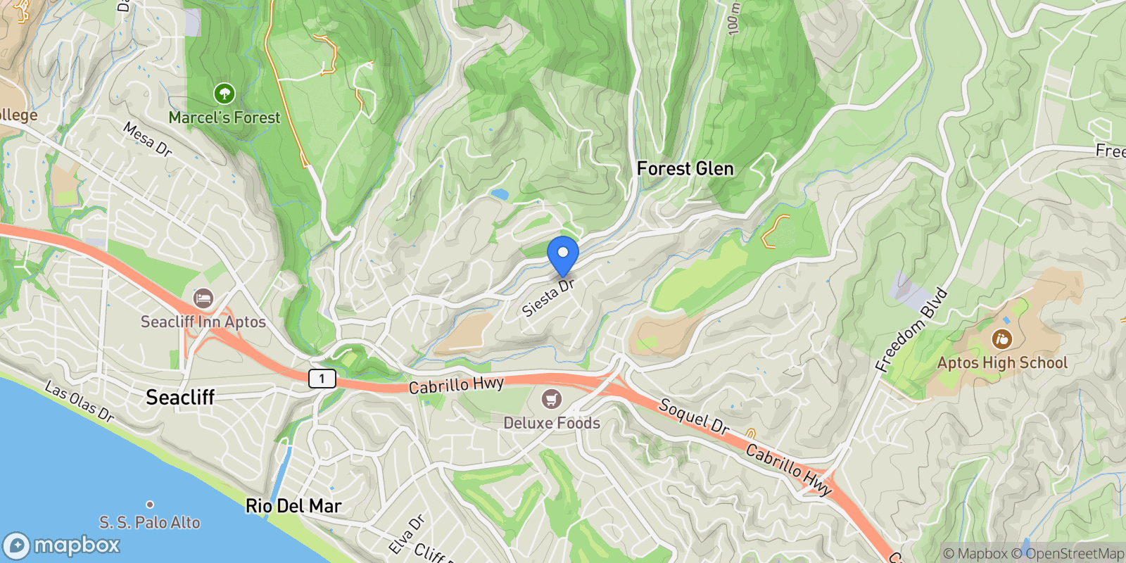 Map showing 245 Siesta Drive, Aptos, California, United States.