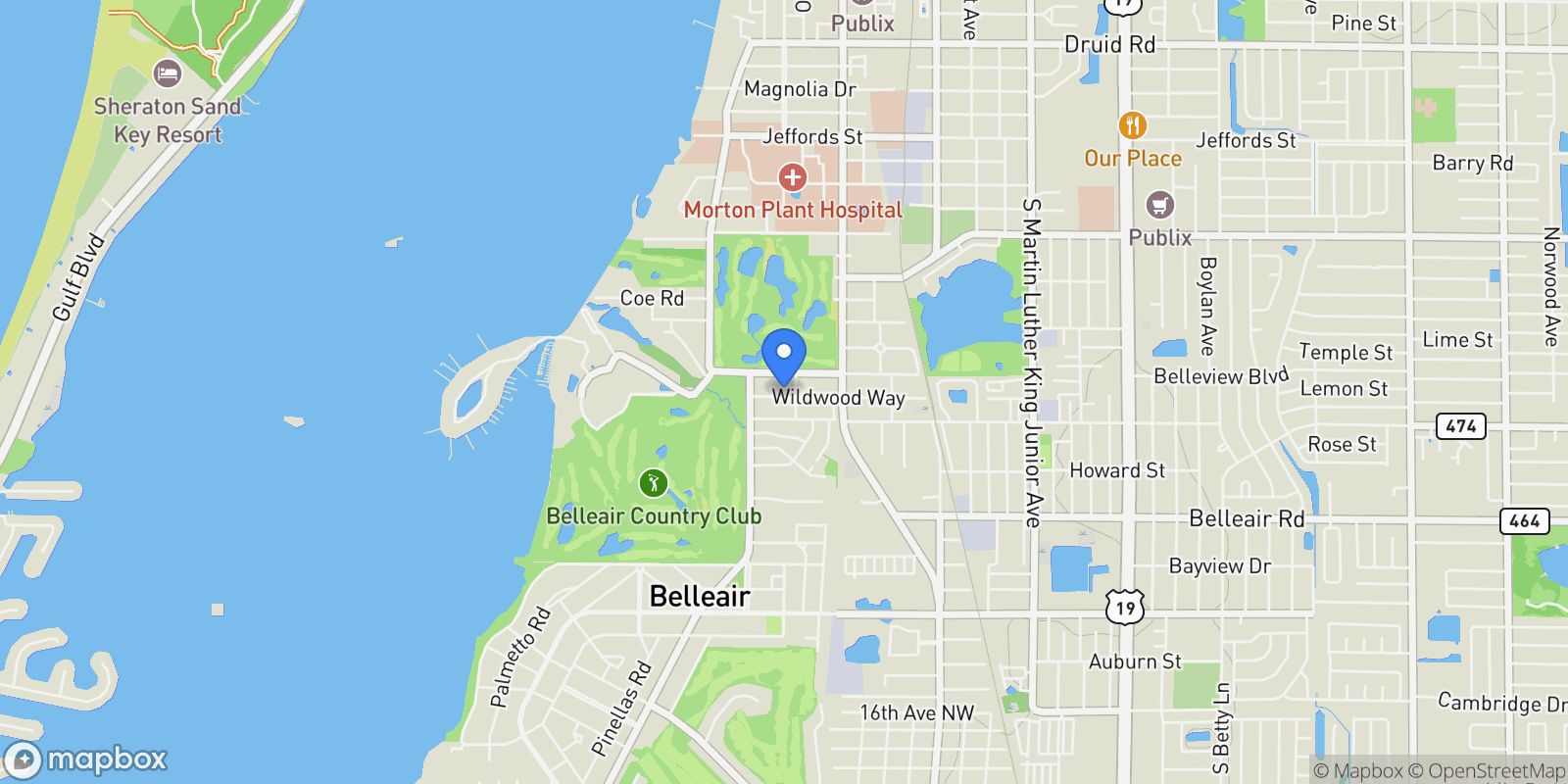 Map showing 326 Wildwood Way, Belleair, FL 33756, Clearwater, Florida, United States.