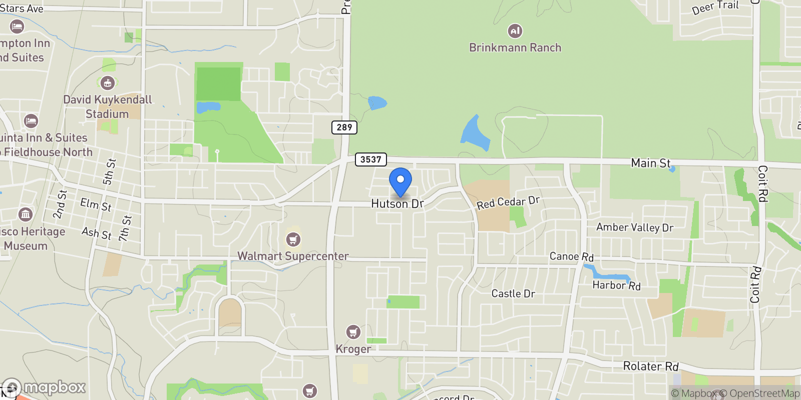 Map showing 9535 Hedge Street, Frisco, Texas, United States.