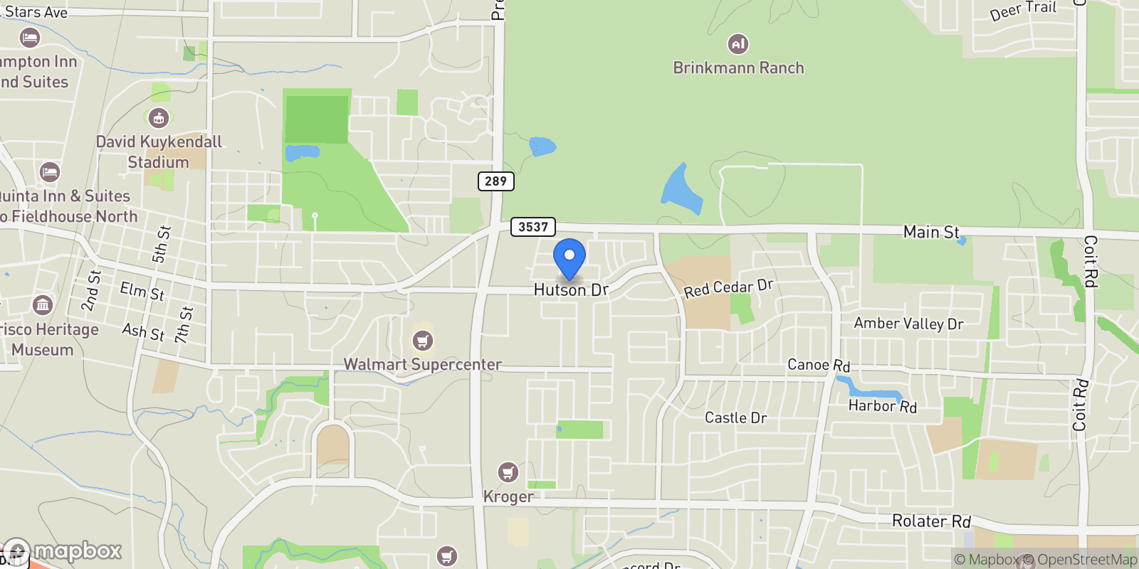 Map showing 9519 Hedge Street, Frisco, Texas, United States.