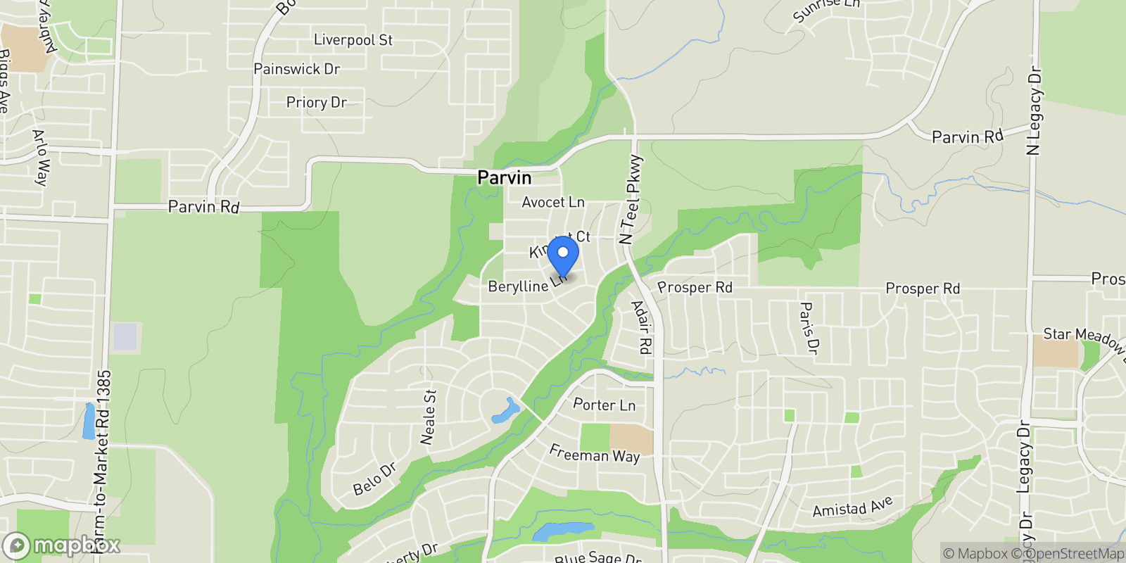 Map showing 4051 Berylline Lane, Prosper, Texas, United States.