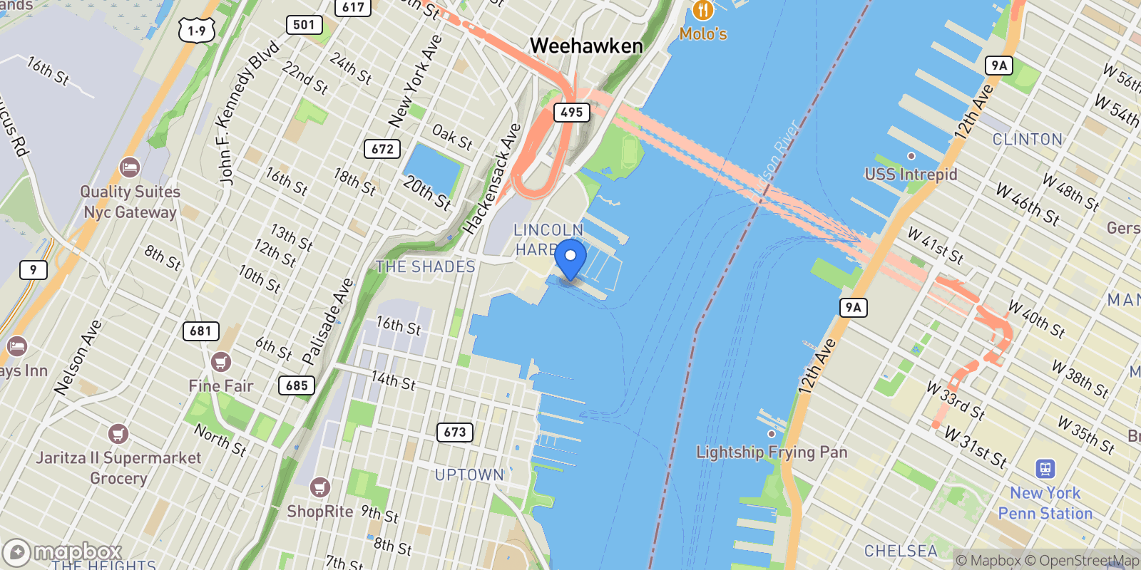 Map showing 600 Harbor Boulevard 1079-81, Weehawken, NJ 07086, Weehawken, New Jersey, United States.