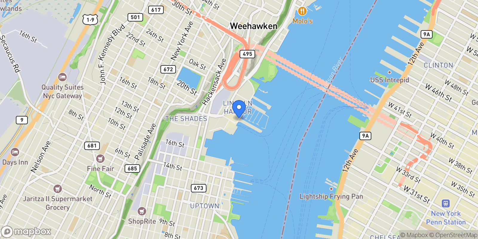 Map showing 600 Harbor Blvd. Unit 1079, Weehawken Twp., NJ 07086, Weehawken, New Jersey, United States.