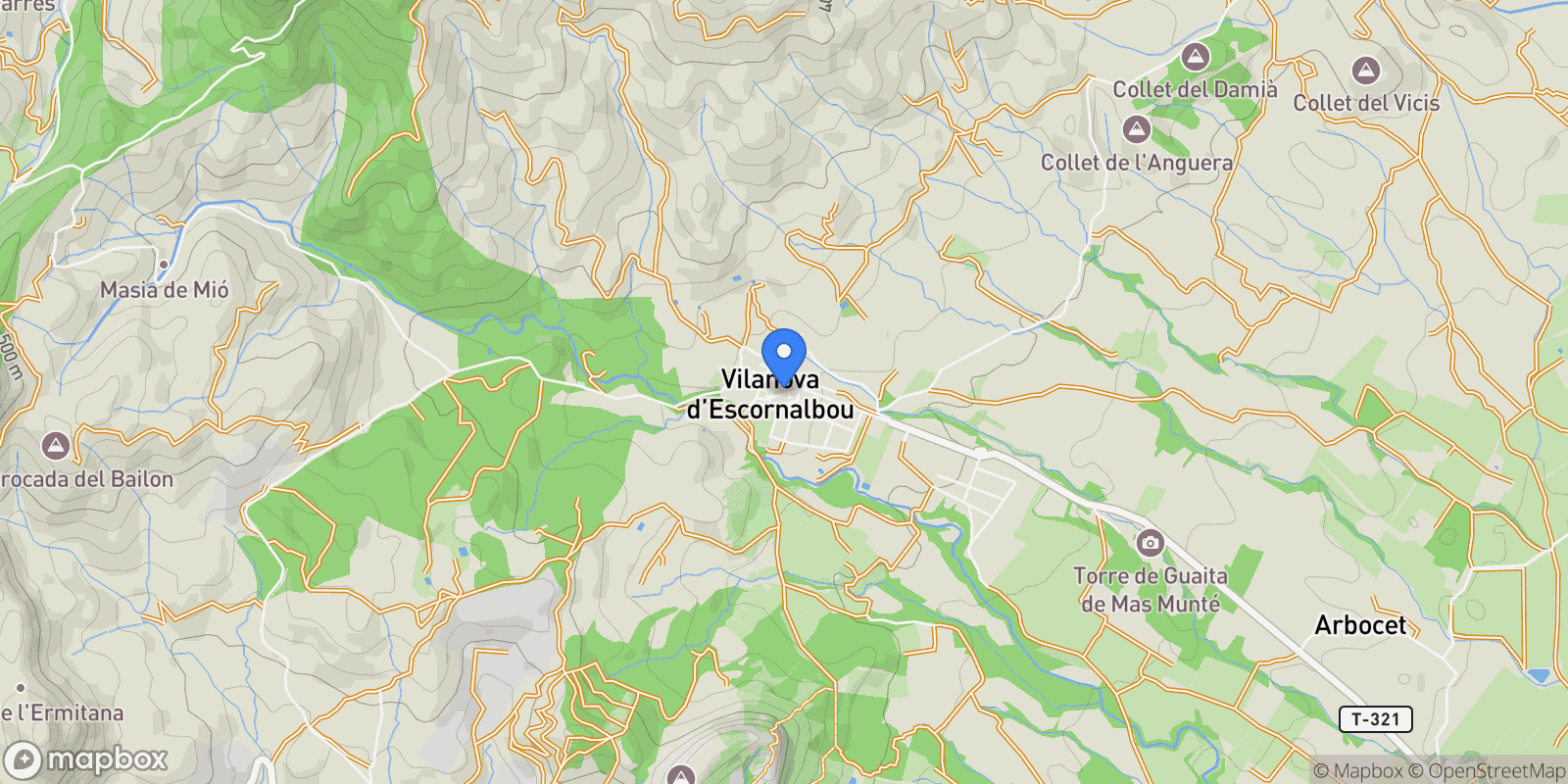 Map showing 43311 Vilanova d'Escornalbou, Tarragona, Spain, Vilanova d'Escornalbou, Catalonia, Spain.