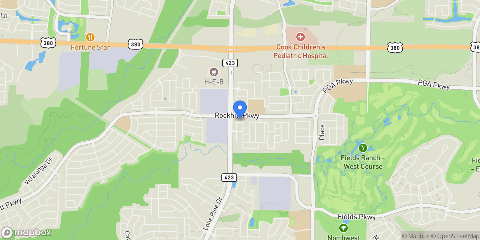 Map showing 1286 Conifer Road, Frisco, Texas, United States.
