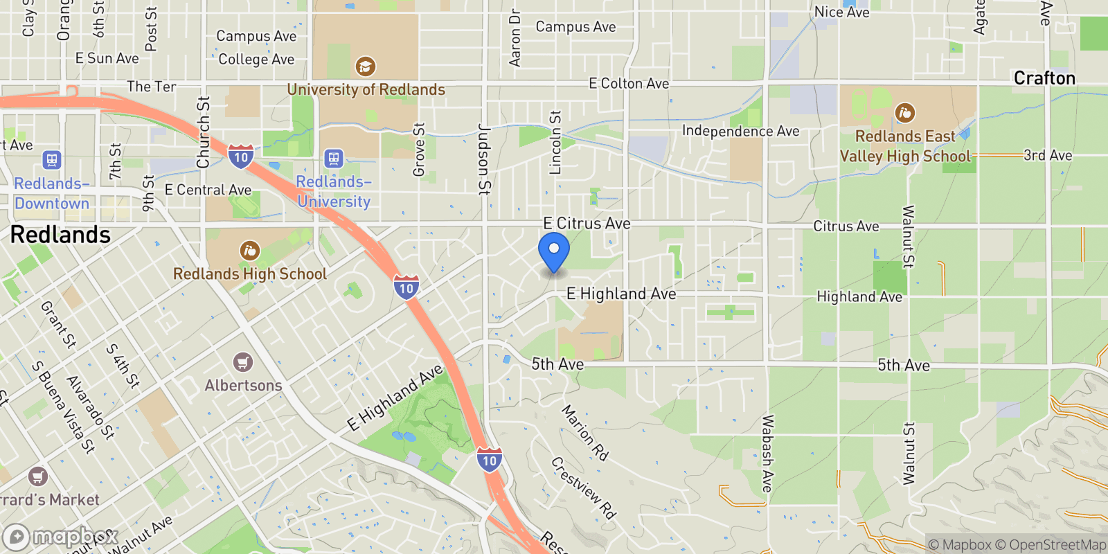 Map showing 140 S Lincoln Street S, Redlands, CA 92374, Redlands, California, United States.