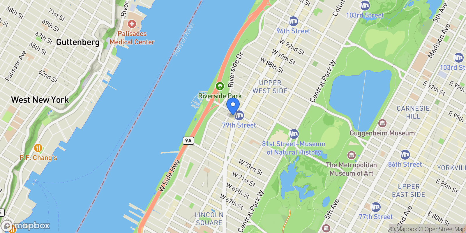 Map showing The Apthorp, 390 W END AVE, New York, New York, United States.