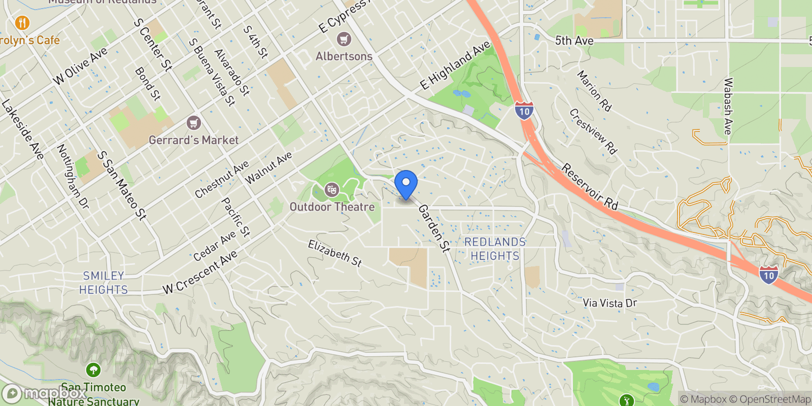 Map showing 24 W Hilton, Redlands, CA 92373, Redlands, California, United States.