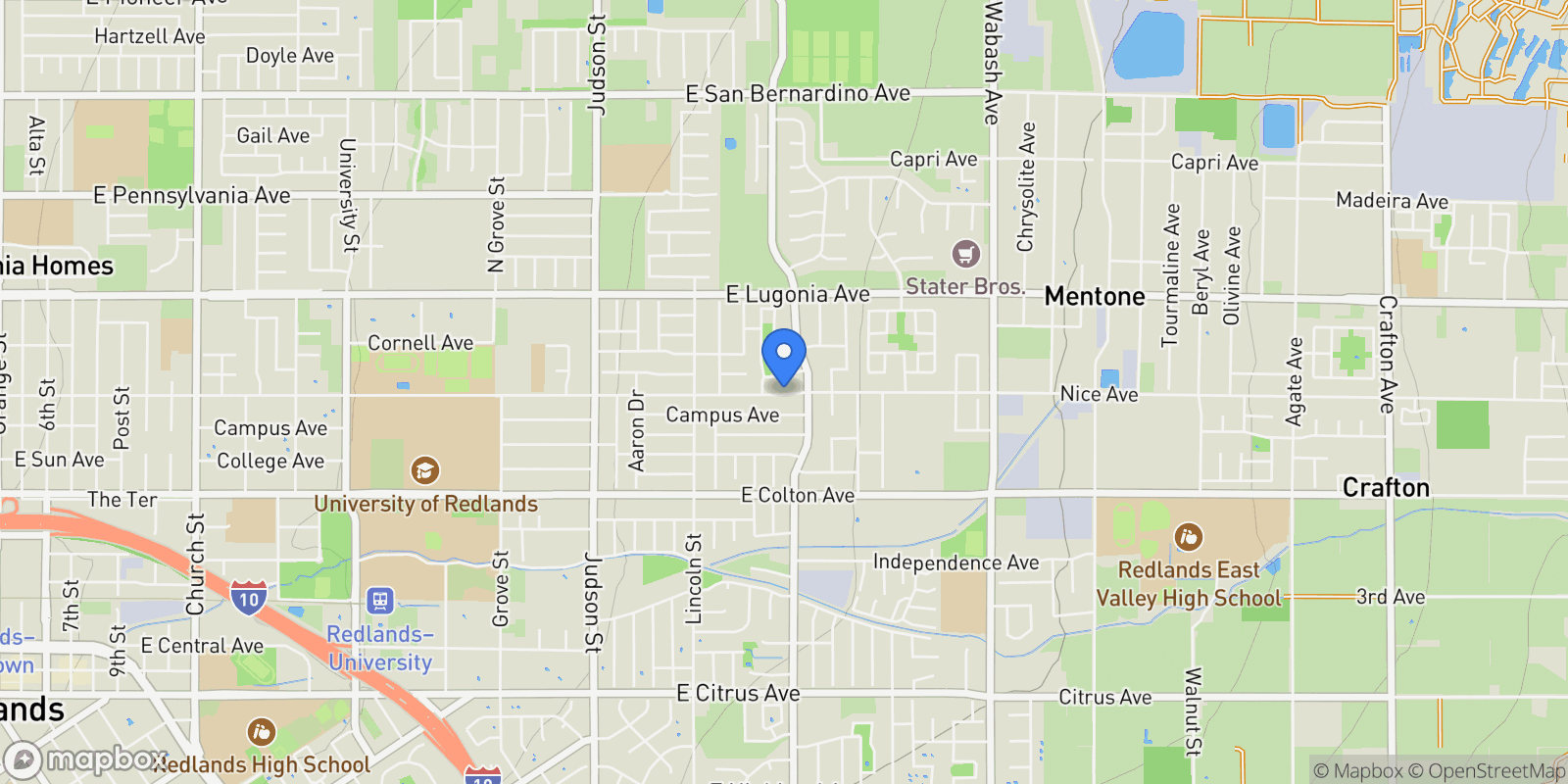 Map showing 1573 E Brockton Avenue, Redlands, CA 92374, Redlands, California, United States.