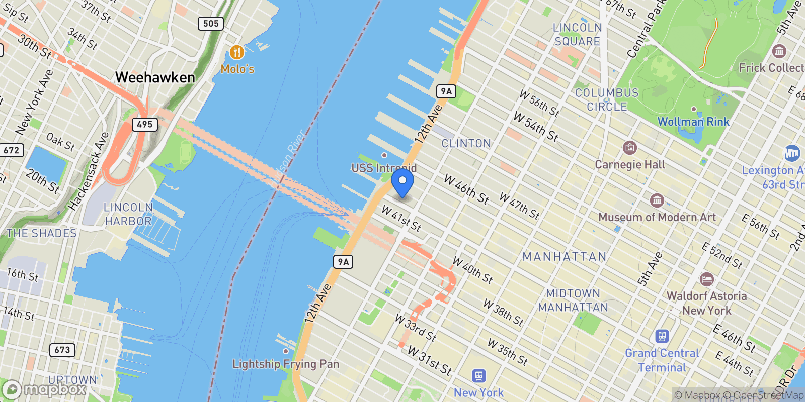 Map showing The Atelier, 635 W 42ND ST, New York, New York, United States.