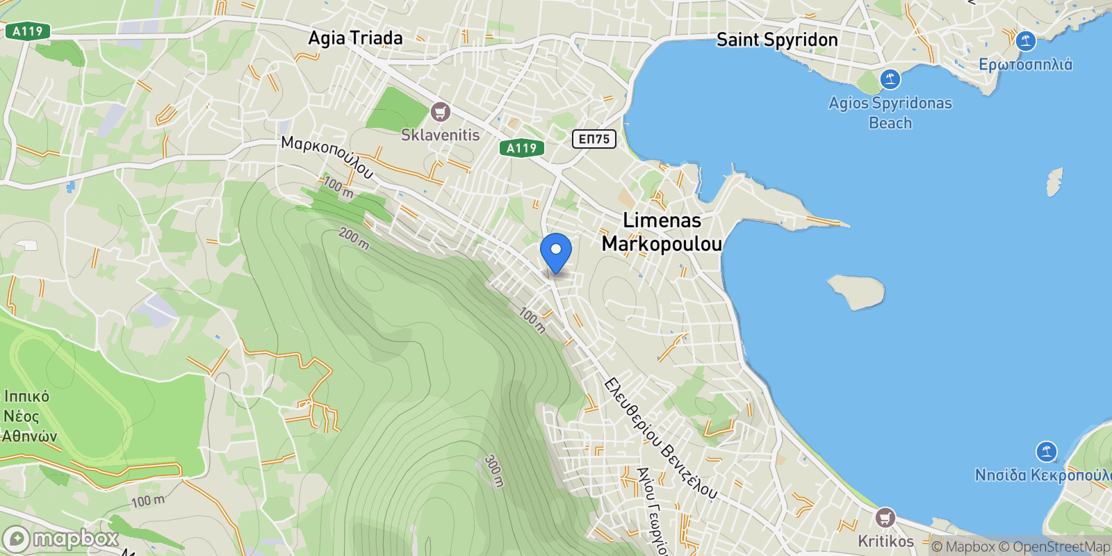 Map showing Markopoulo Mesogaias, Attica, Greece.