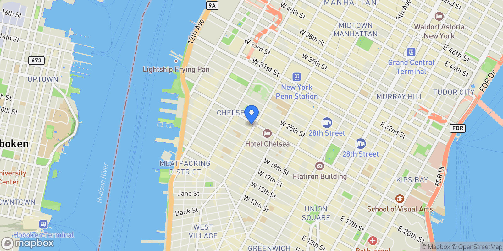 Map showing 300 W 23RD ST, New York, New York, United States.