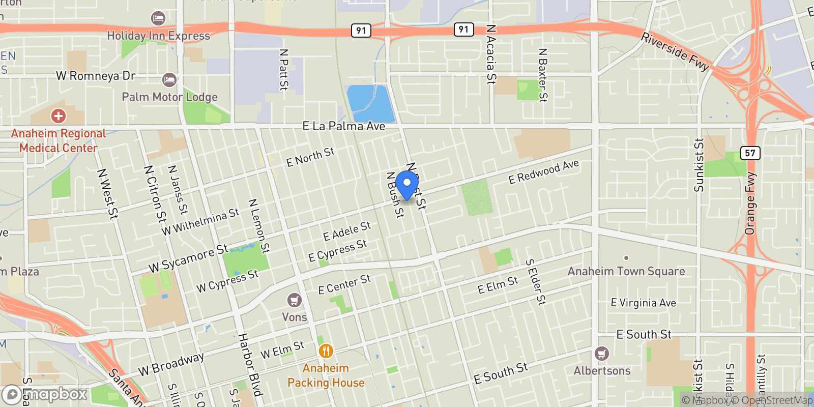 Map showing 421 N Rose Street, Orange, California, United States.