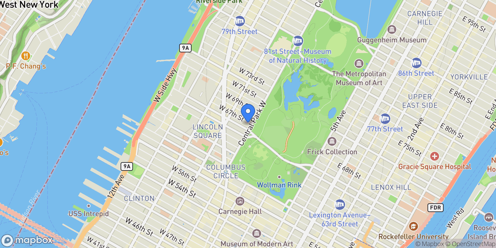 Map showing 2 W 67TH ST, New York, New York, United States.