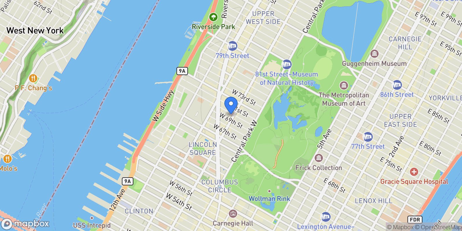 Map showing THE WALTON, 104 W 70TH ST, New York, New York, United States.