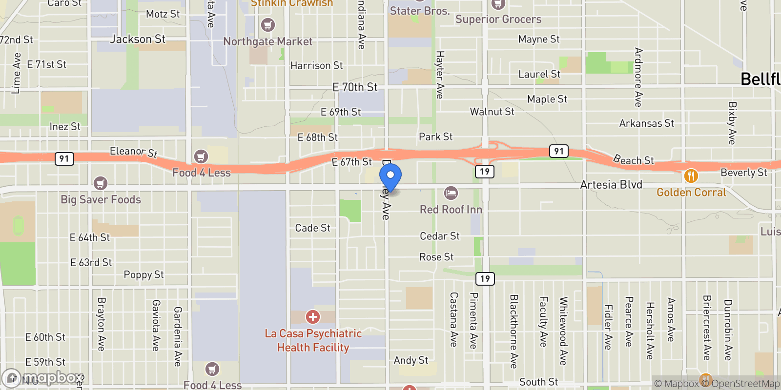Map showing 17420 Downey Avenue, Bellflower, California, United States.