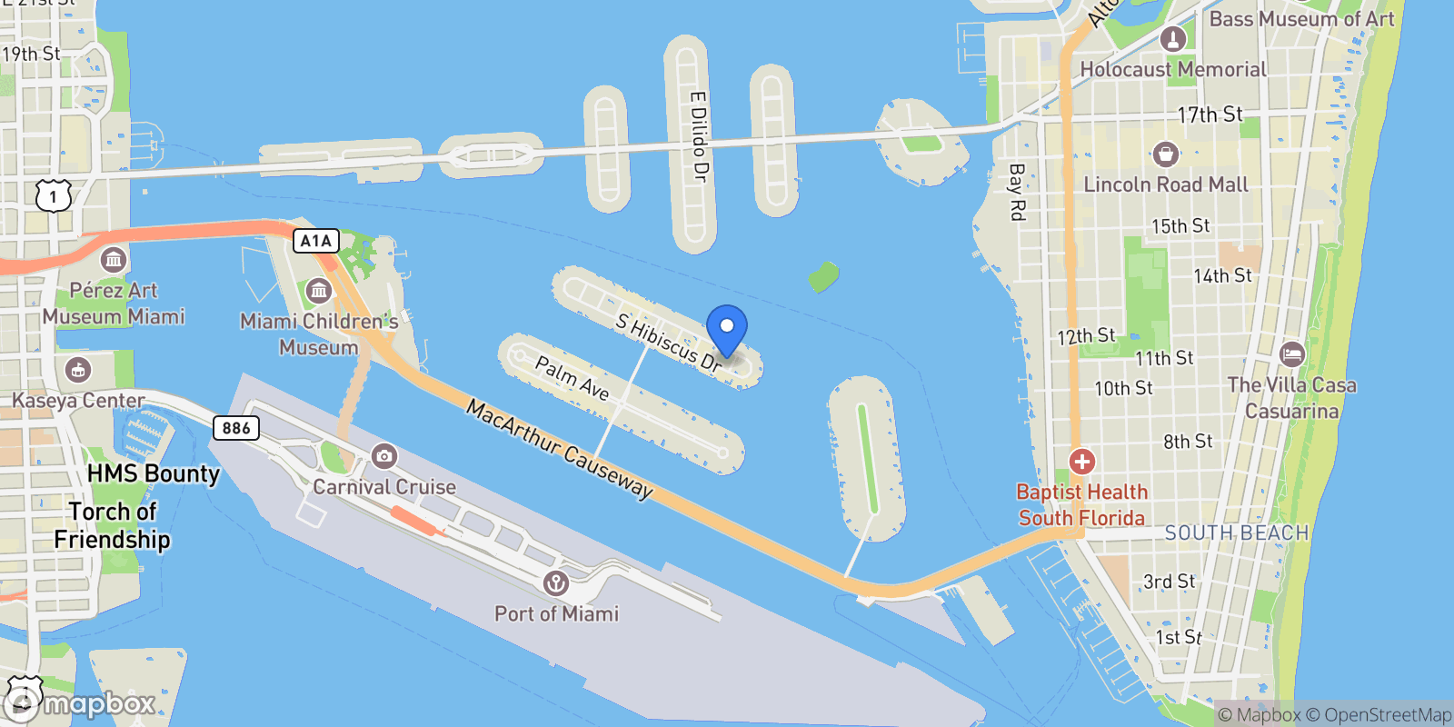 Map showing 65 S Hibiscus Dr, Miami Beach, Florida, United States.