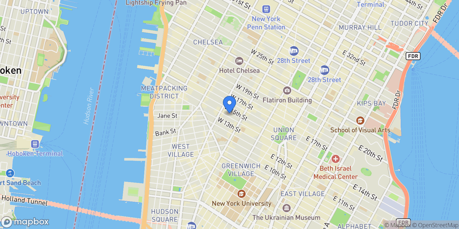 Map showing LOFT 14, 135 W 14TH ST, New York, New York, United States.