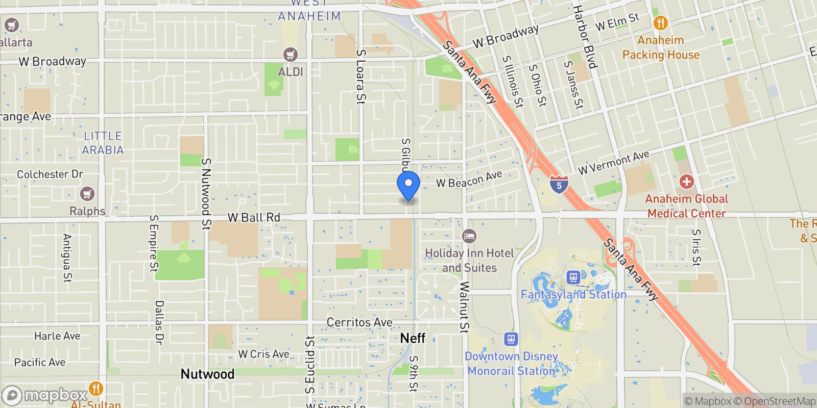Map showing 938 S Gilbuck Drive, Orange, California, United States.