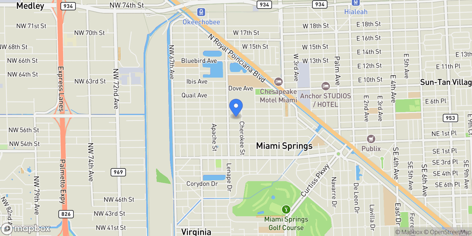 Map showing 830 Oriole Ave, Miami Springs, Florida, United States.