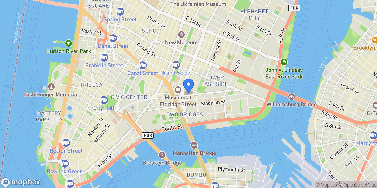 Map showing 136 E BROADWAY, New York, New York, United States.