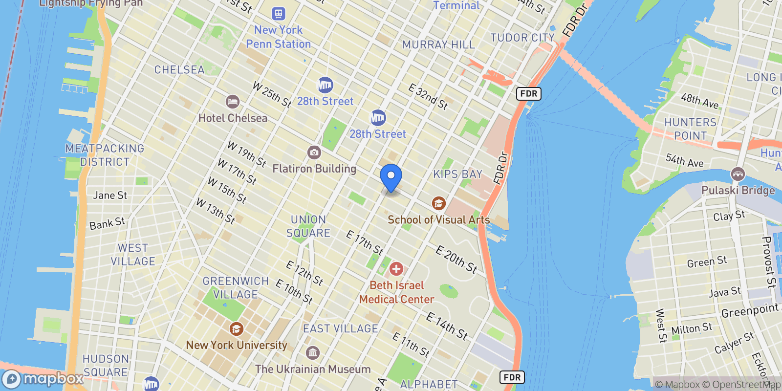 Map showing Gramercy Park Habitat, 205 E 22ND ST, New York, New York, United States.