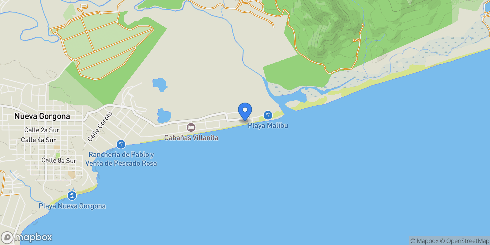 Map showing Chame CALLE PRINCIPAL MALIBU, Nueva Gorgona, Coclé Province, Panama.